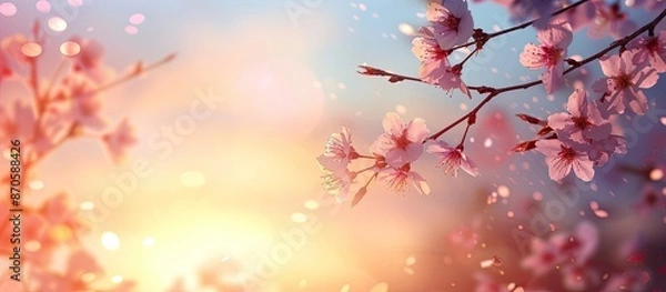 Fototapeta Cherry blossom branches against a blue sky at sunset with a floral background and blurred effect, ideal for spring concepts featuring copy space image.