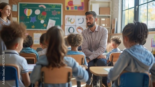 Obraz Interested elementary school students in the classroom communicate with the teacher