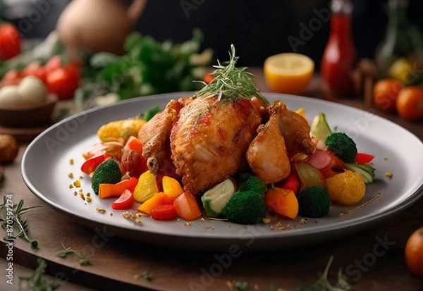 Fototapeta Tender, golden-brown chicken, perfectly seared and paired with a colorful array of fresh, vibrant vegetables. The dish is elegantly arranged on the plate, showcasing the succulent chicken and crisp ve