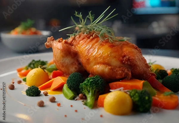 Fototapeta Tender, golden-brown chicken, perfectly seared and paired with a colorful array of fresh, vibrant vegetables. The dish is elegantly arranged on the plate, showcasing the succulent chicken and crisp ve