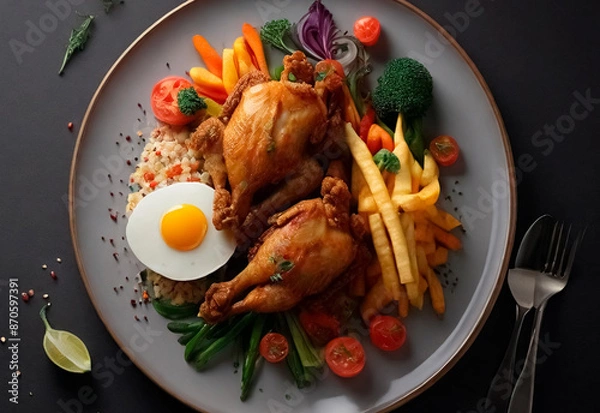 Fototapeta Tender, golden-brown chicken, perfectly seared and paired with a colorful array of fresh, vibrant vegetables. The dish is elegantly arranged on the plate, showcasing the succulent chicken and crisp ve