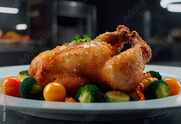 Fototapeta Tender, golden-brown chicken, perfectly seared and paired with a colorful array of fresh, vibrant vegetables. The dish is elegantly arranged on the plate, showcasing the succulent chicken and crisp ve