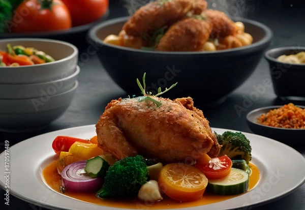Fototapeta Tender, golden-brown chicken, perfectly seared and paired with a colorful array of fresh, vibrant vegetables. The dish is elegantly arranged on the plate, showcasing the succulent chicken and crisp ve