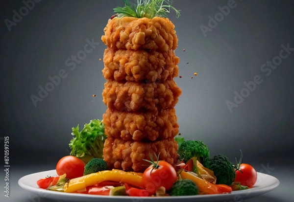 Fototapeta Tender, golden-brown chicken, perfectly seared and paired with a colorful array of fresh, vibrant vegetables. The dish is elegantly arranged on the plate, showcasing the succulent chicken and crisp ve