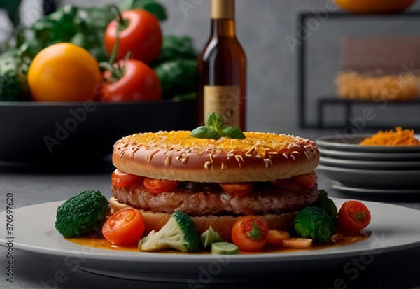Fototapeta Tender, golden-brown chicken, perfectly seared and paired with a colorful array of fresh, vibrant vegetables. The dish is elegantly arranged on the plate, showcasing the succulent chicken and crisp ve