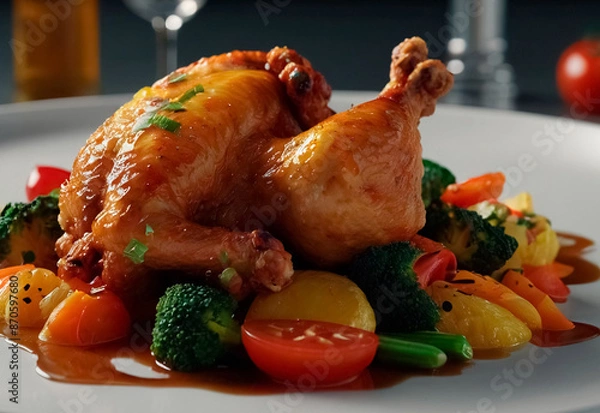 Fototapeta Tender, golden-brown chicken, perfectly seared and paired with a colorful array of fresh, vibrant vegetables. The dish is elegantly arranged on the plate, showcasing the succulent chicken and crisp ve