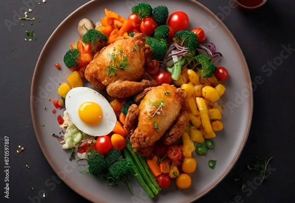Fototapeta Tender, golden-brown chicken, perfectly seared and paired with a colorful array of fresh, vibrant vegetables. The dish is elegantly arranged on the plate, showcasing the succulent chicken and crisp ve