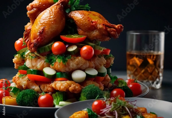 Fototapeta Tender, golden-brown chicken, perfectly seared and paired with a colorful array of fresh, vibrant vegetables. The dish is elegantly arranged on the plate, showcasing the succulent chicken and crisp ve