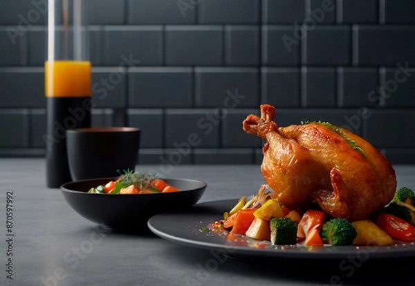 Fototapeta Tender, golden-brown chicken, perfectly seared and paired with a colorful array of fresh, vibrant vegetables. The dish is elegantly arranged on the plate, showcasing the succulent chicken and crisp ve
