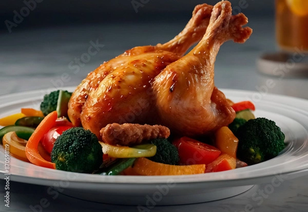 Fototapeta Tender, golden-brown chicken, perfectly seared and paired with a colorful array of fresh, vibrant vegetables. The dish is elegantly arranged on the plate, showcasing the succulent chicken and crisp ve
