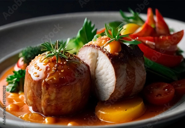 Fototapeta Tender, golden-brown chicken, perfectly seared and paired with a colorful array of fresh, vibrant vegetables. The dish is elegantly arranged on the plate, showcasing the succulent chicken and crisp ve