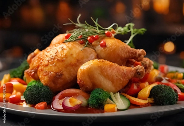 Fototapeta Tender, golden-brown chicken, perfectly seared and paired with a colorful array of fresh, vibrant vegetables. The dish is elegantly arranged on the plate, showcasing the succulent chicken and crisp ve