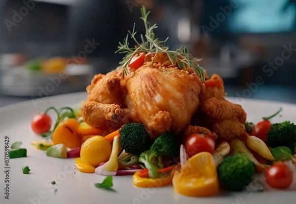 Fototapeta Tender, golden-brown chicken, perfectly seared and paired with a colorful array of fresh, vibrant vegetables. The dish is elegantly arranged on the plate, showcasing the succulent chicken and crisp ve