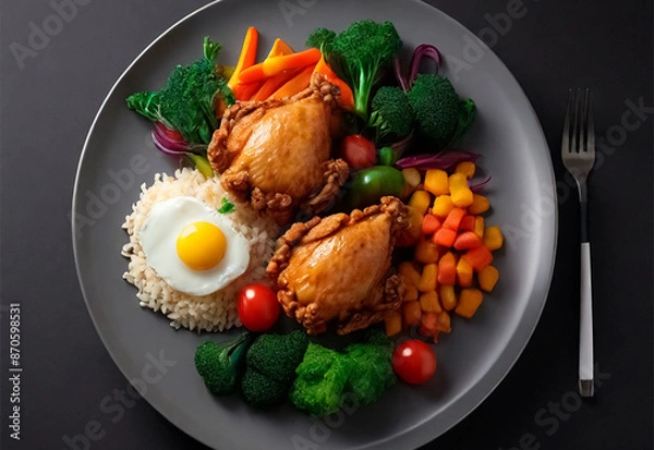 Fototapeta Tender, golden-brown chicken, perfectly seared and paired with a colorful array of fresh, vibrant vegetables. The dish is elegantly arranged on the plate, showcasing the succulent chicken and crisp ve