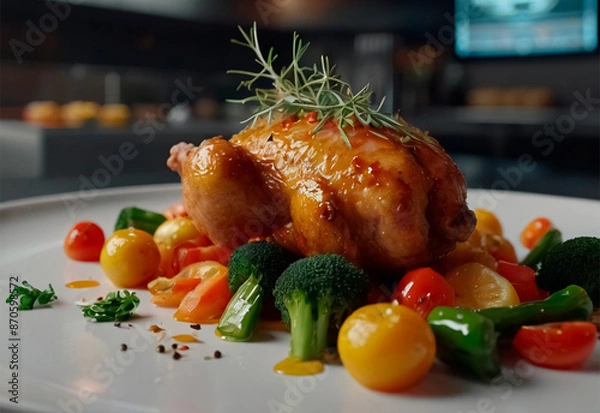 Fototapeta Tender, golden-brown chicken, perfectly seared and paired with a colorful array of fresh, vibrant vegetables. The dish is elegantly arranged on the plate, showcasing the succulent chicken and crisp ve