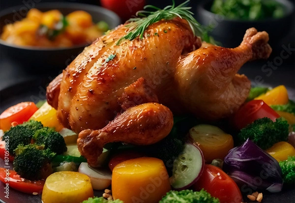 Fototapeta Tender, golden-brown chicken, perfectly seared and paired with a colorful array of fresh, vibrant vegetables. The dish is elegantly arranged on the plate, showcasing the succulent chicken and crisp ve