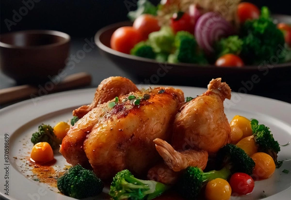 Fototapeta Tender, golden-brown chicken, perfectly seared and paired with a colorful array of fresh, vibrant vegetables. The dish is elegantly arranged on the plate, showcasing the succulent chicken and crisp ve