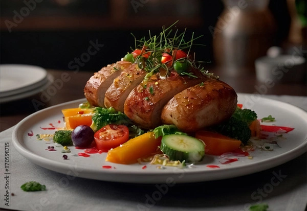 Fototapeta Tender, golden-brown chicken, perfectly seared and paired with a colorful array of fresh, vibrant vegetables. The dish is elegantly arranged on the plate, showcasing the succulent chicken and crisp ve
