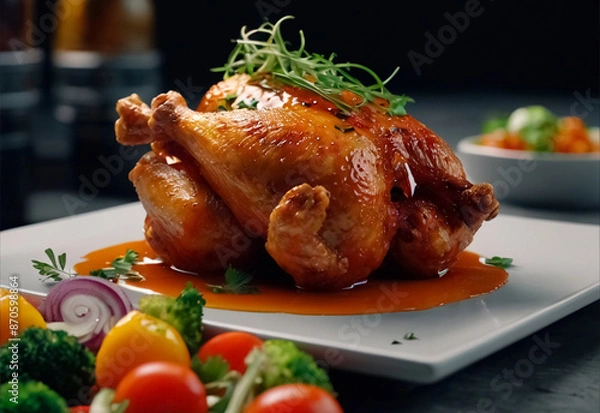 Fototapeta Tender, golden-brown chicken, perfectly seared and paired with a colorful array of fresh, vibrant vegetables. The dish is elegantly arranged on the plate, showcasing the succulent chicken and crisp ve