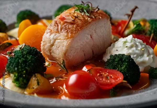 Fototapeta Tender, golden-brown chicken, perfectly seared and paired with a colorful array of fresh, vibrant vegetables. The dish is elegantly arranged on the plate, showcasing the succulent chicken and crisp ve