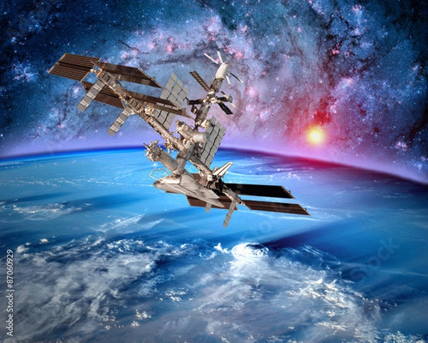 Fototapeta Ziemia satelitarna stacja kosmiczna statek kosmiczny orbita sci fi krajobraz. Elementy tego zdjęcia dostarczone przez NASA.
