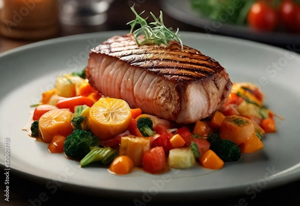 Fototapeta Juicy, caramelized steak paired with a vibrant medley of fresh vegetables, artfully arranged on the plate. Each bite offers a symphony of textures and flavors, making for an exquisite, mouthwatering p