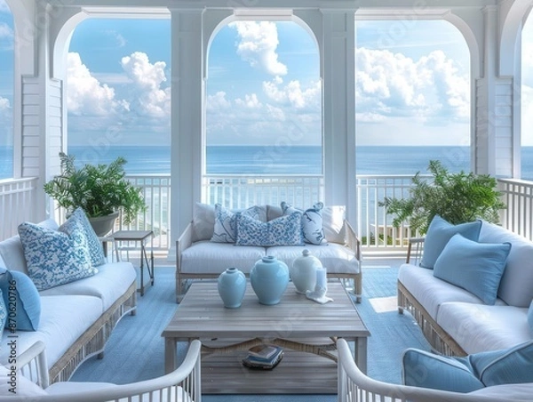 Obraz sundrenched coastal terrace with elegant blue and white furniture featuring weathered wood accents and panoramic ocean views