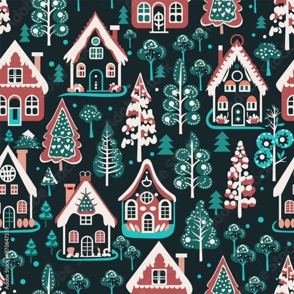 Fototapeta winter houses in the forest on a dark background. seamless pattern