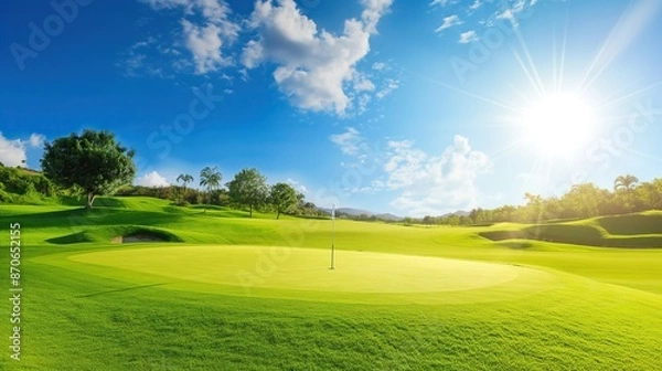Obraz golf course on a sunny day.  A sunny afternoon on the golf course - panoramic extra wide view of a gorgeous.