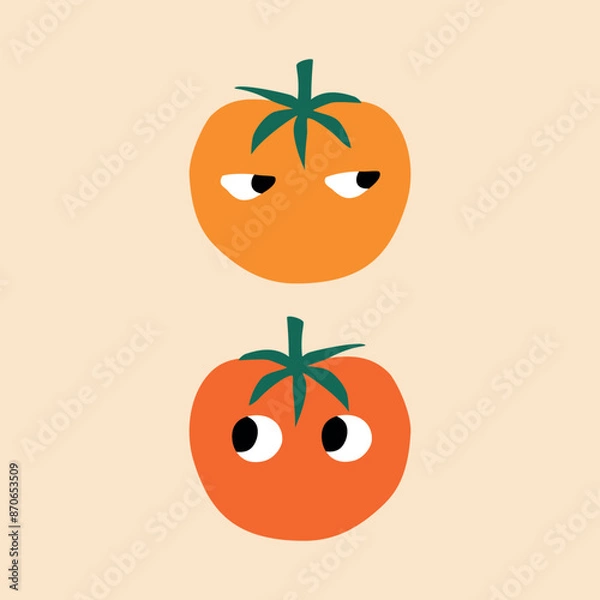 Obraz Funny tomatoes hand drawn vector illustration. Cute isolated colorful vegetables in flat style for kids poster or logo.