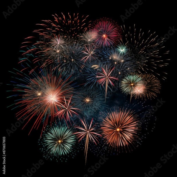 Fototapeta DIfferent colros and  types of fireworks in the sky background