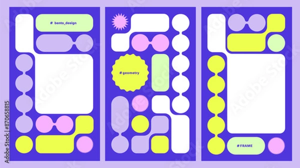 Fototapeta Y2K Trendy Geometry Design elements, bento design. Set of mobile compositions. Abstract futuristic shapes. Colorful Web frame set, blocks, grid concept. Trending brick Ui template. Web comics grids