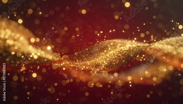 Fototapeta Glowing Gold Particles and Dust Trail on Dark Red Background
