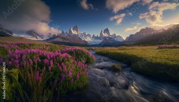 Fototapeta AI generator image of large wildflowers with a stream leading to patagonia mountain peaks