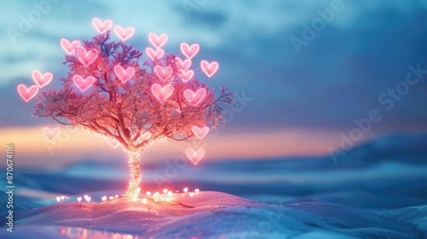 Obraz A glowing tree with interconnected hearts as leaves, depicting the growth of empathy and awareness in relationships, self-development skills