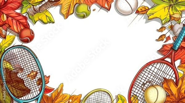 Fototapeta Energetic Doodle Border with Fall Foliage and Sports Equipment for Vibrant Background and Mockups