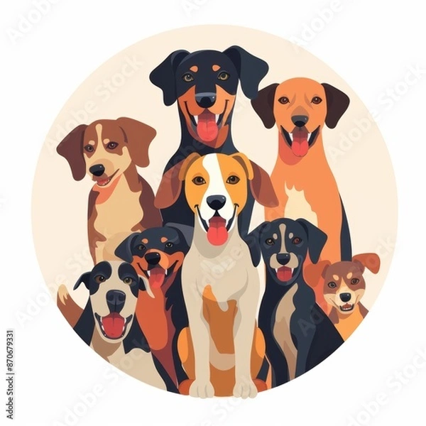 Fototapeta Playful Group of Dogs Vector Illustration for Website with Centered Items on White Background