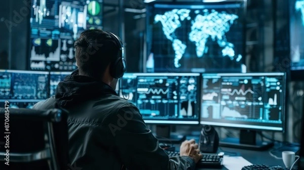 Fototapeta A team of professionals works together to dismantle ransomware control servers, ensuring cybersecurity and protecting business operations from malicious attacks.