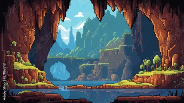 Fototapeta Pixel art game level design background, underground cave with stalactites and stalagmites