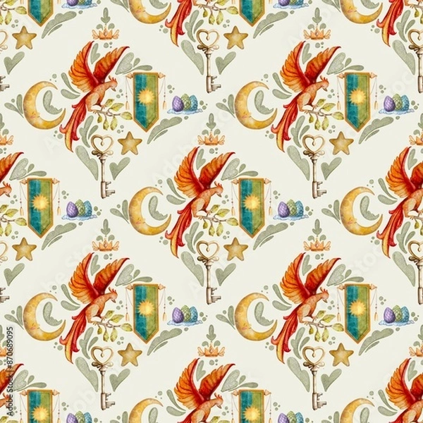 Fototapeta Seamless pattern for a design with a phoenix with a golden key and a medieval banner in the form of a diamond