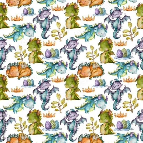 Fototapeta Seamless children's  pattern with a four little dragons