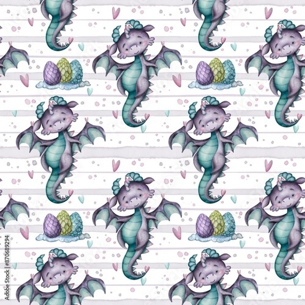 Fototapeta Seamless children's striped pattern with a little dragon