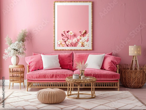 Fototapeta A living room with a pink couch and a pink coffee table. The couch is covered in white pillows and a white throw. A framed picture of flowers is on the wall above the couch. The room has a cozy