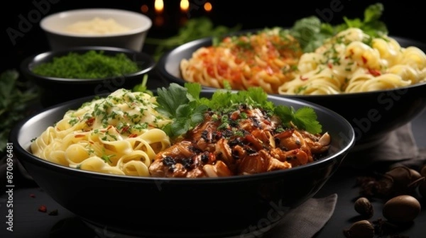 Fototapeta a table with three bowls of food including shrimp, mushrooms, and vegetables.