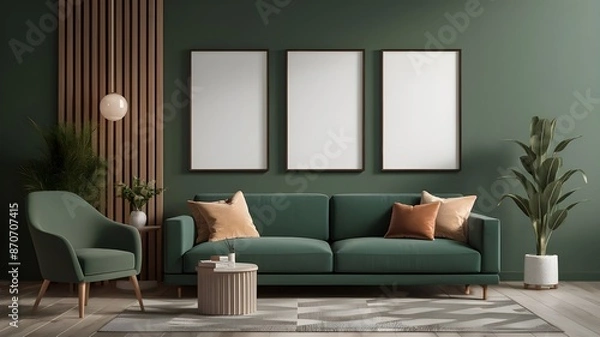 Fototapeta Modern luxury interior designs. Empty painted wall for mockup. accent furniture and a blank background. mockup wall, three vertical empty frames on the wall, interior mockup, mockup, PSD mockup