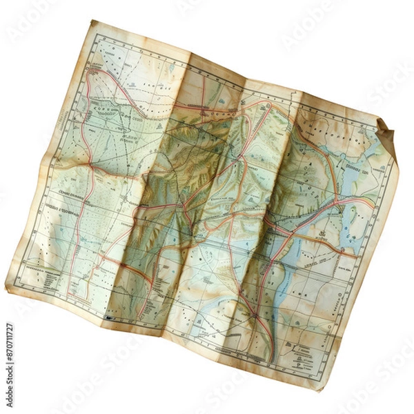 Fototapeta Vintage paper map displaying geographical locations, roads, and routes, perfect for travel enthusiasts and history buffs.