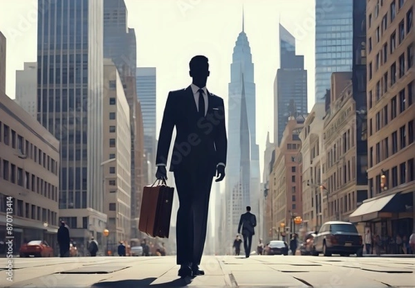 Fototapeta Urban Businessman in the Skyscraper Shadows, Success and Cityscape