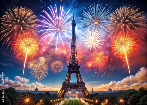 Obraz Eiffel Tower night fireworks in Paris, France on Bastille Day