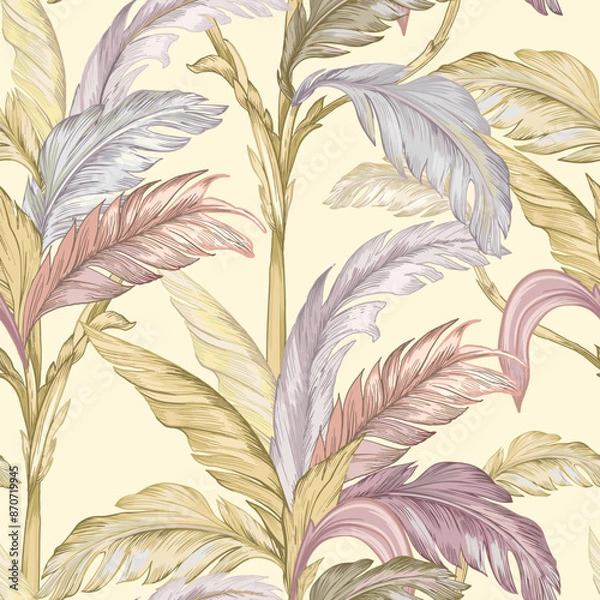 Fototapeta Seamless pattern of tropical leaves. Graphics in pastel colors. Palm leaves on a light background.