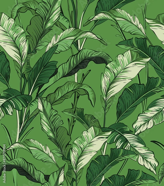 Fototapeta Seamless pattern of green palm tropical leaves. Vector illustration for wallpaper, textile, fashion. 
